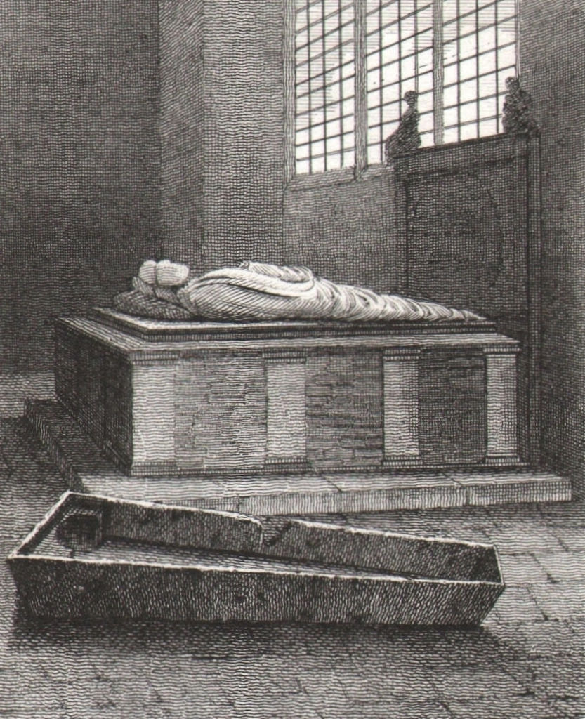 Bishop Andrew's Tomb, St Mary Overies, London. Antique engraved print 1817